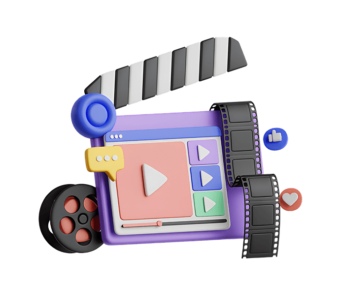3D-иллюстрация VideoBooster: видеоплеер, хлопушка и иконки вовлечения