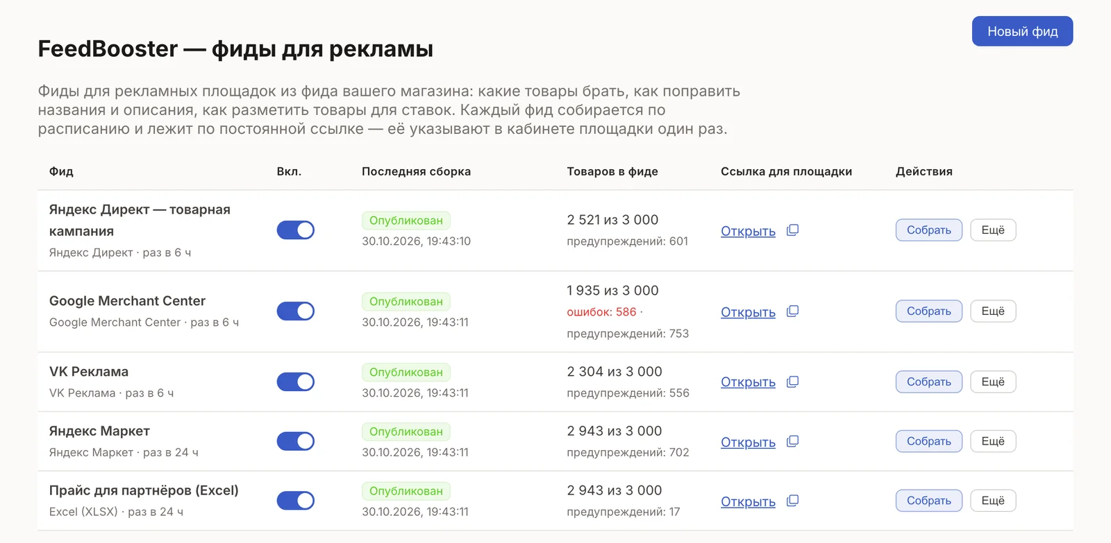Список фидов FeedBooster: Яндекс Директ, Google Merchant, VK Реклама, Яндекс Маркет, Excel